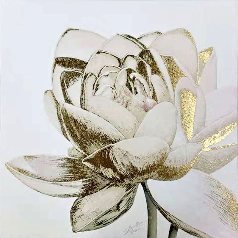 Gold Foiled Cream Lotus Floral Canvas Wall Art, 16"