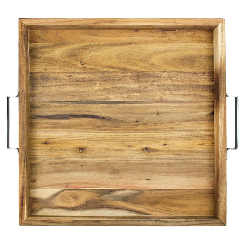 Acacia Square Wooden Decorative Tray with Metal Handles, 19x16