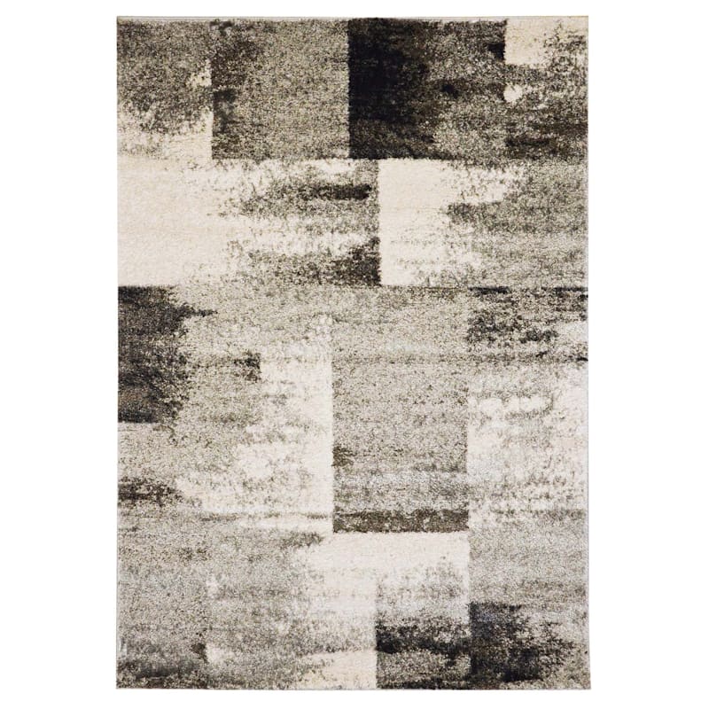 (B501) Ivory & Grey Abstract Block Area Rug, 8x10 | At Home