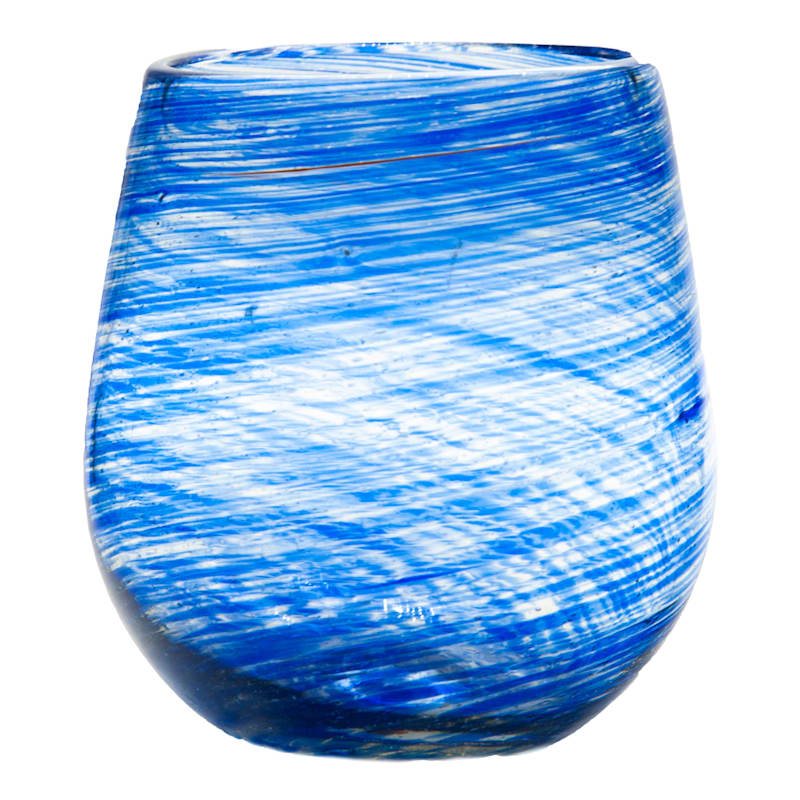 Hand Blown Stemless Wine Glasses | Beautiful Blue Swirl Design