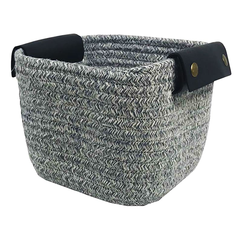 Black Square Rope Basket & Leather Handle, 8x5
