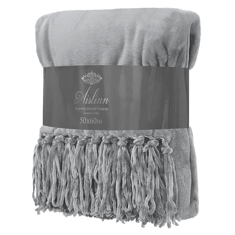 Light Grey Fringe Plush Throw Blanket, 50x60