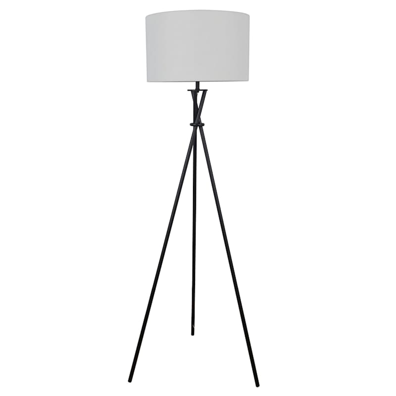Black Metal Tripod Floor Lamp with White Fabric Drum Shade, 59"
