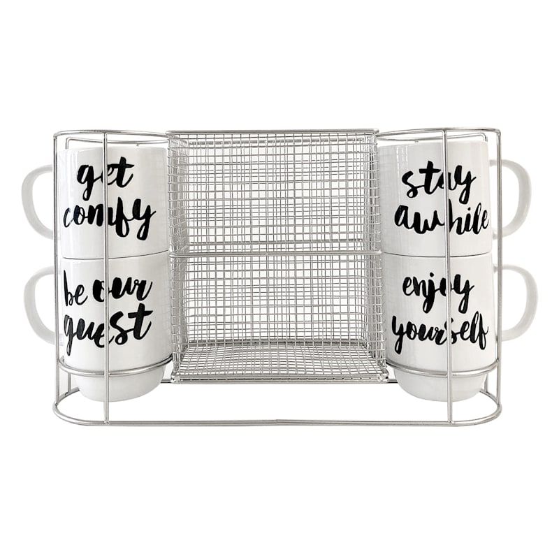 14 oz- by Enchante Latte Mugs with Metal Rack for Storage Tea Cups Belle Maison Set of Coffee Mugs- Four Coffee Cups with Printed Phrases 