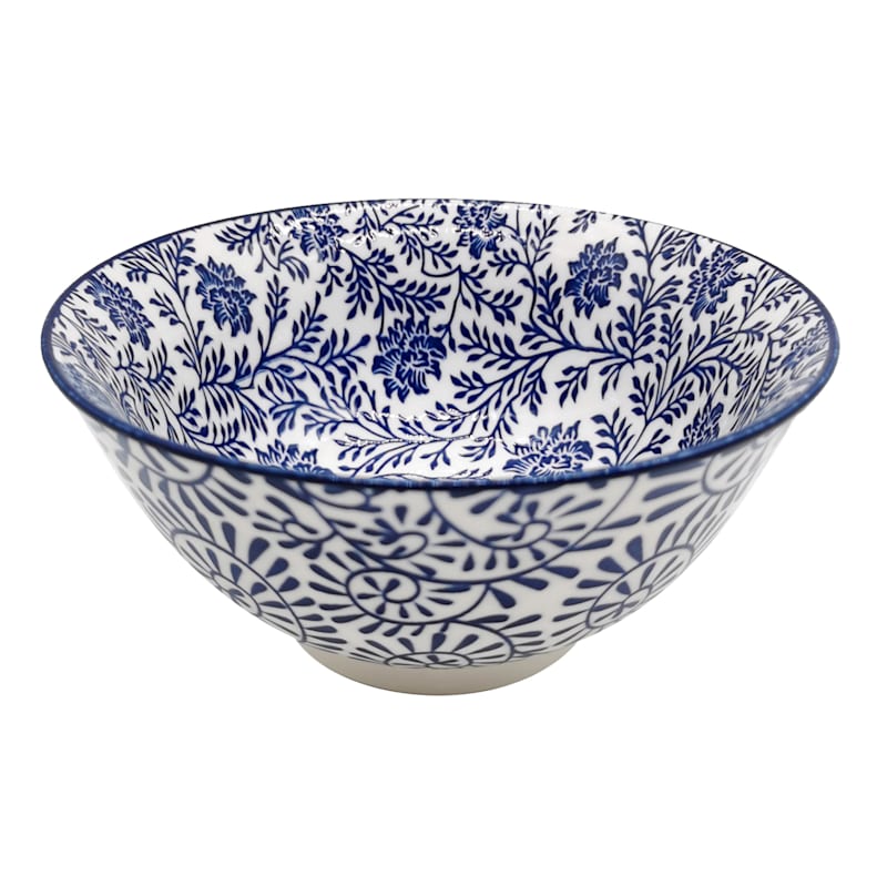 Blue & White Leaf Print Ceramic Bowl