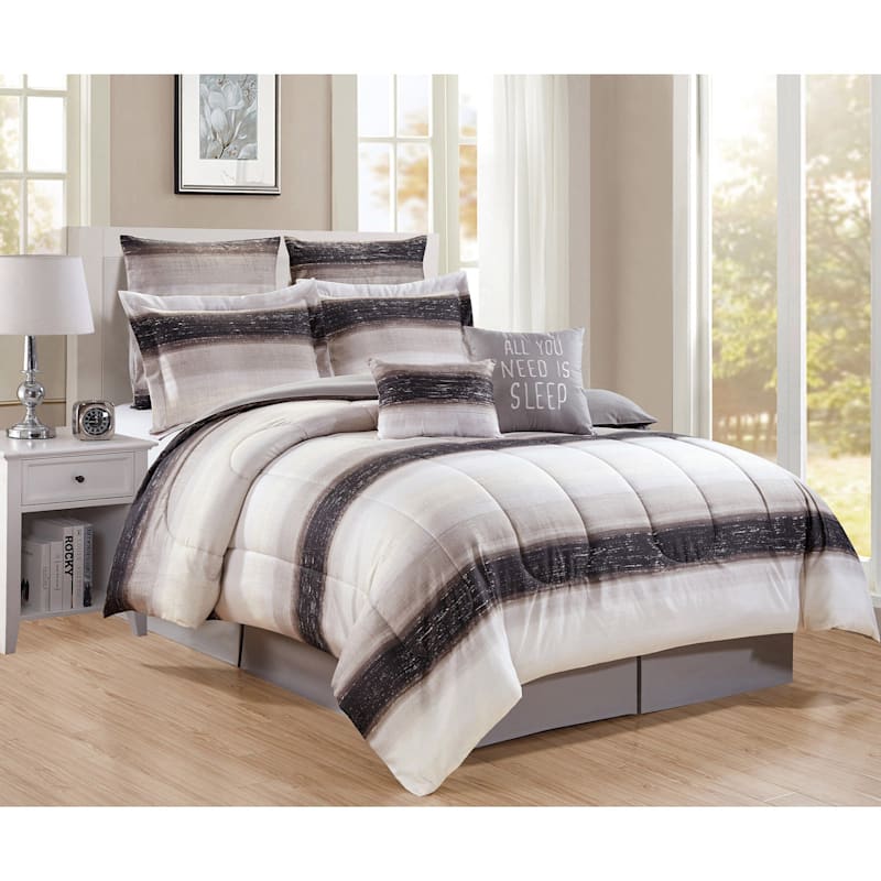 White 8-Piece Stripe Comforter Set Queen