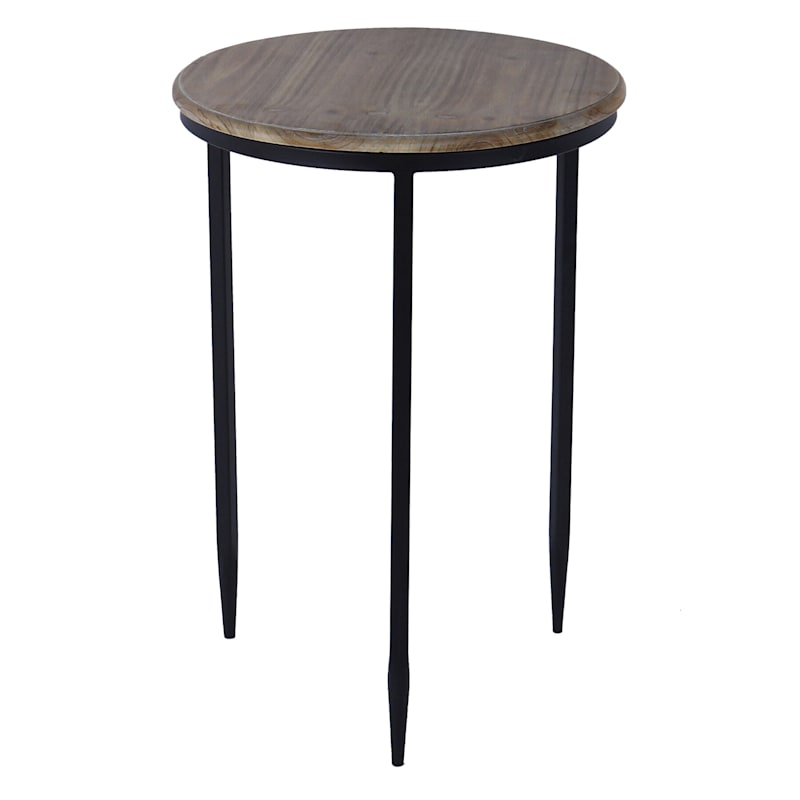 Top Accent Table With Black Metal Legs, Round Wood Top End Table With Metal Legs