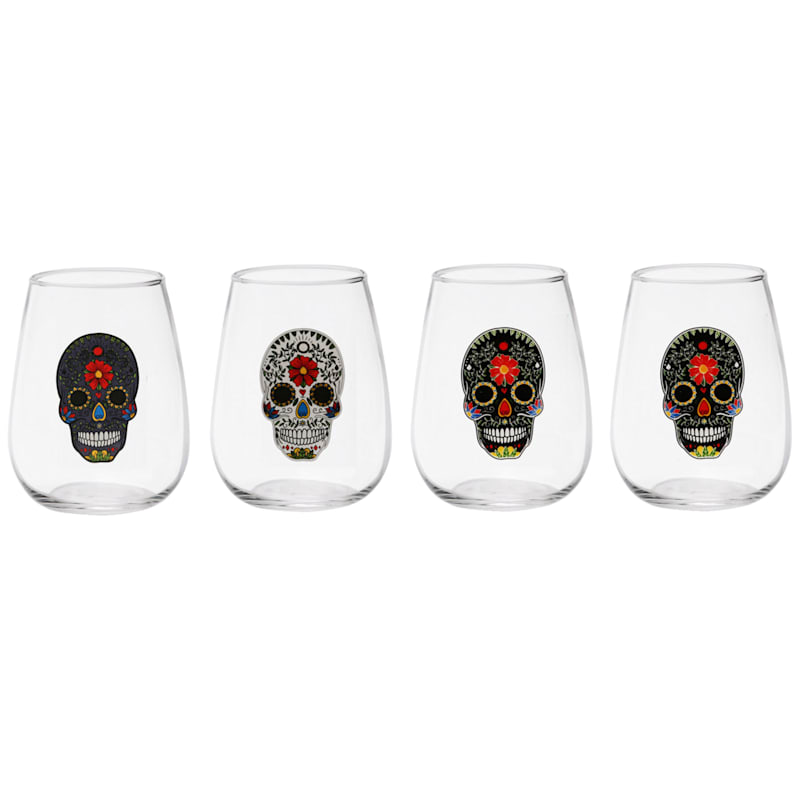 Set of 4 Sugar Skull Stemless Wine Glasses