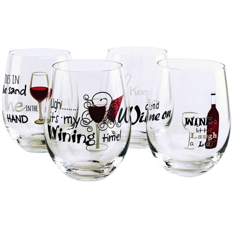 Set of 4 Wine Sayings Stemless Wine Glasses