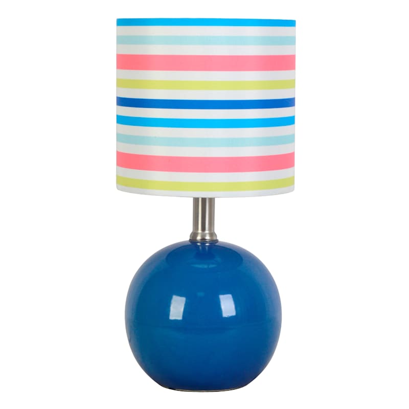 Kids' Round Blue Ceramic Lamp with Striped Shade, 14"