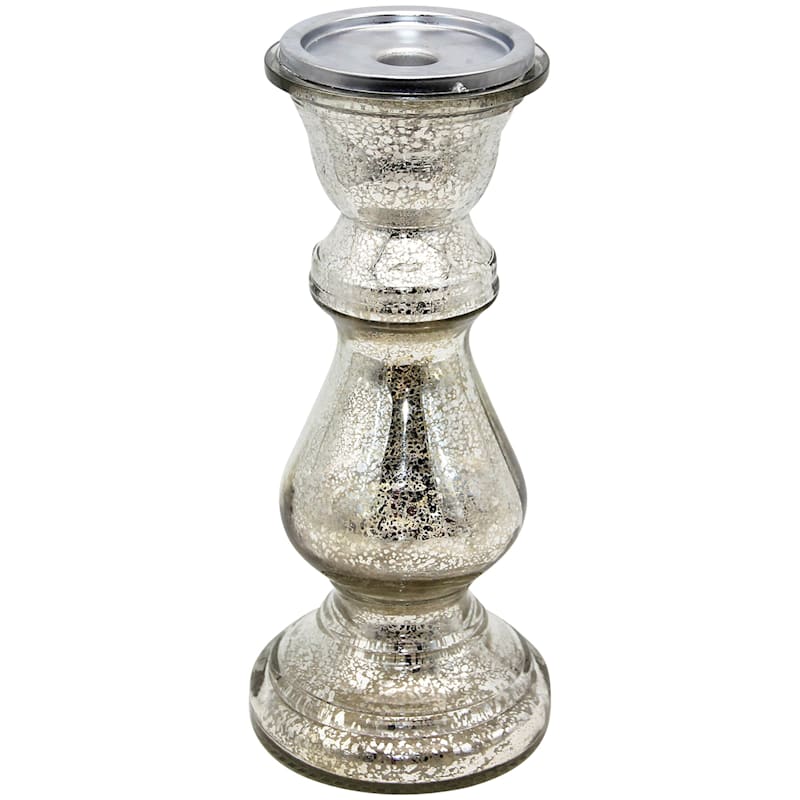 12in. Distressed Mercury Glass Pillar Candle Holder