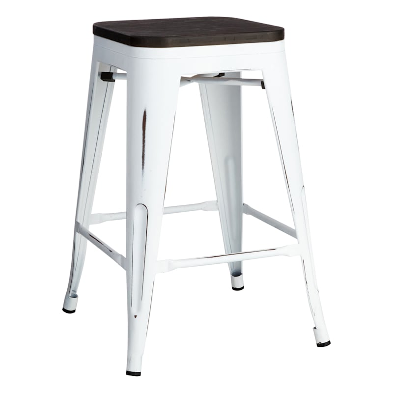 Oregon Vintage White Industrial, White Metal And Wood Bar Stools