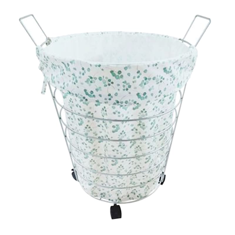White Wire Laundry Hamper on Wheels with Removable Floral Print Liner