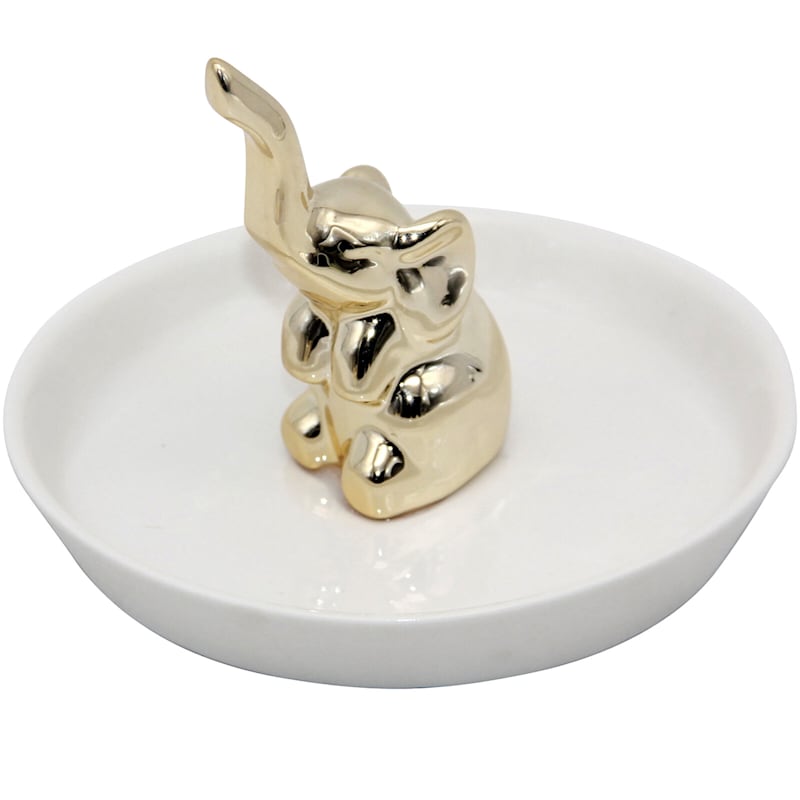 White & Gold Ceramic Elephant Trinket Tray, 5.5"