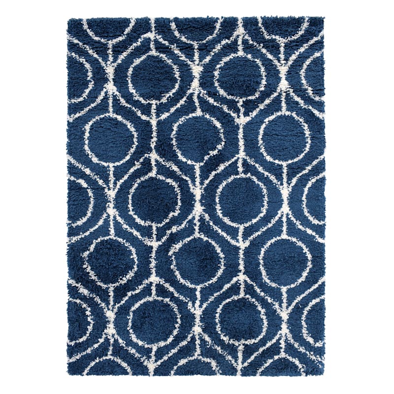 (C156) Blue & Ivory Geometric Soft Shag Area Rug, 8x10