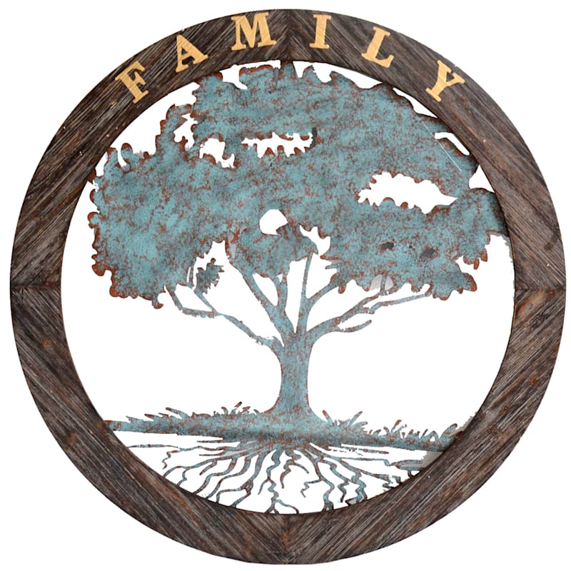 34x34 Family Tree Metal With Wood Circle At Home - Family Tree Wall Art Metal