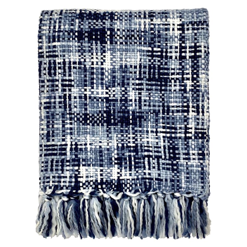 Dark Blue Acrylic Yarn Woven Throw Blanket, 50x60