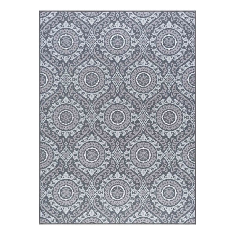 (D375) Gray Medallion & Geometric Patterned Area Rug, 5x7