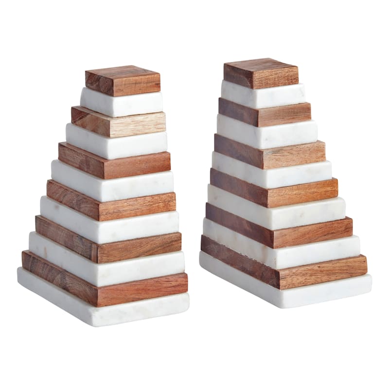 White Marble & Wood Bookend, 5"