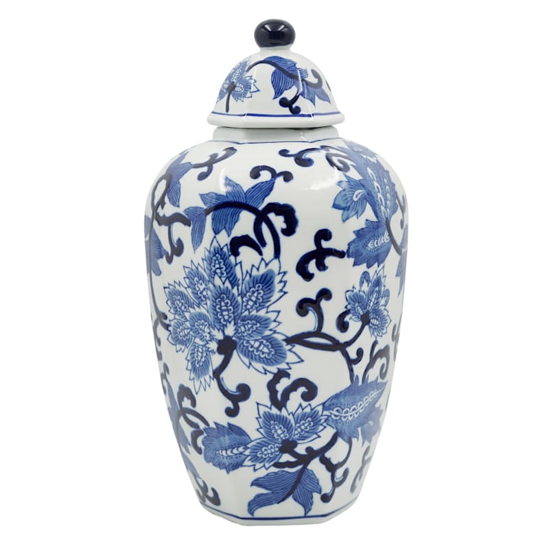 White and Blue Floral Jar with Lid, 14.5"