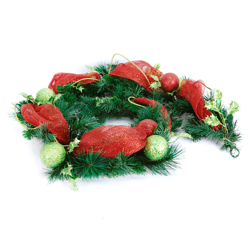 Ornament & Ribbon Pine Garland, 6'