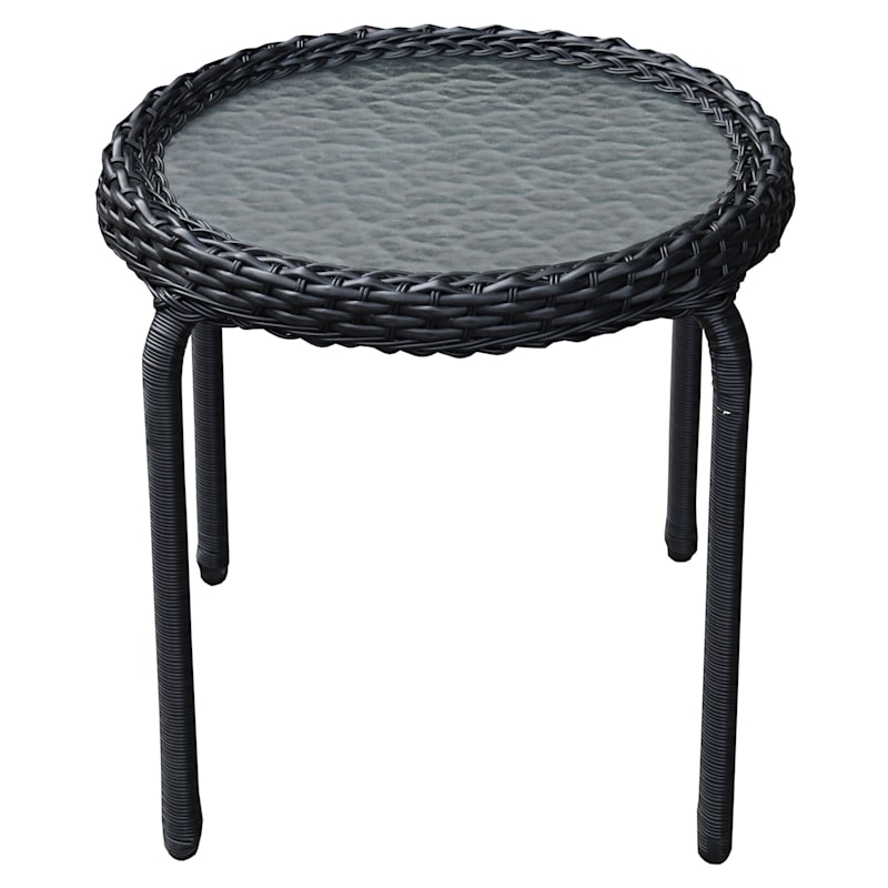 Tempered Glass Top Outdoor Wicker End Table, Black