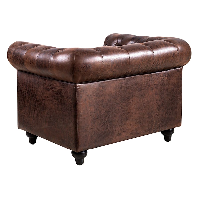 Chesterfield Tufted Brown Faux Leather Rolled Arm Chair