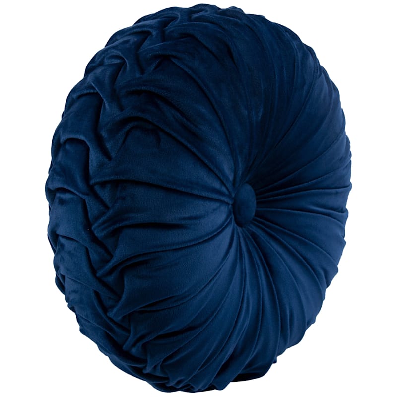 Holan Navy Pleated Velvet Round Pillow With Button 16in.