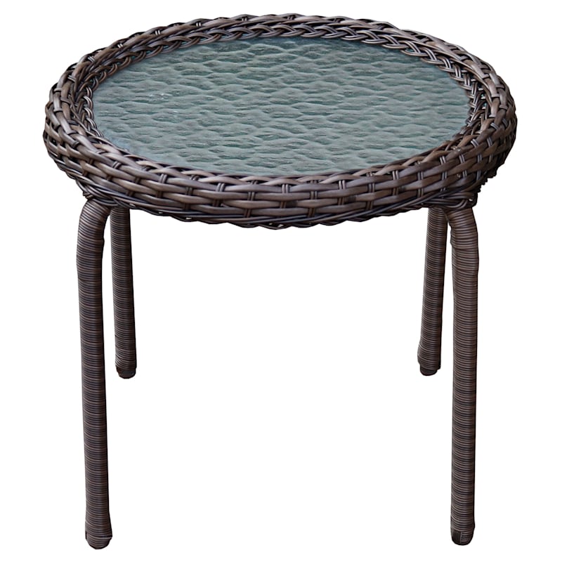 Tempered Glass Top Outdoor Wicker End Table, Brown