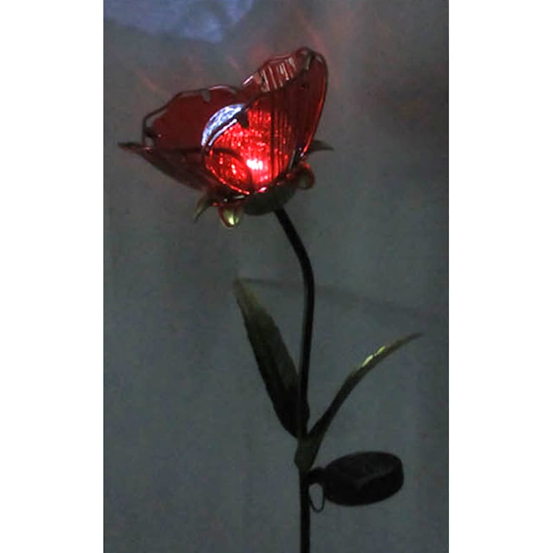Metal Fused-Glass Red Poppy Flower Stake & Solar Panel, 36"