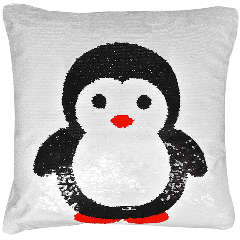 White Sequin Mermaid Penguin Throw Pillow, 16"