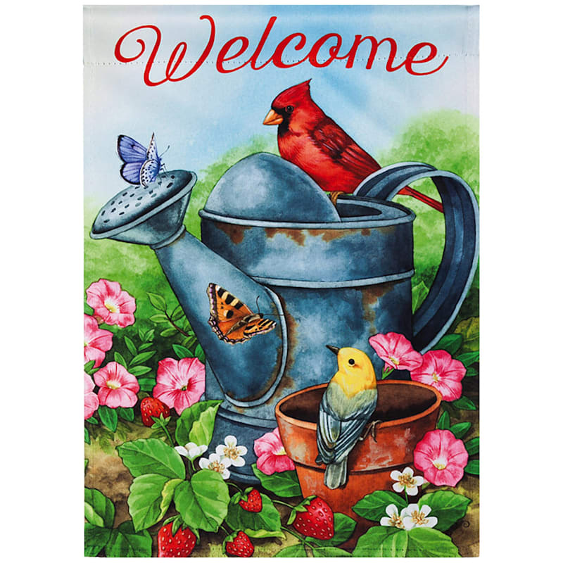 Welcome Birds & Butterflies Watering Can Garden Flag, 12.5x18