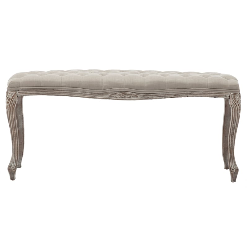 Simone Grey Linen Tufted Bench with Carved Reclaimed Wood Legs