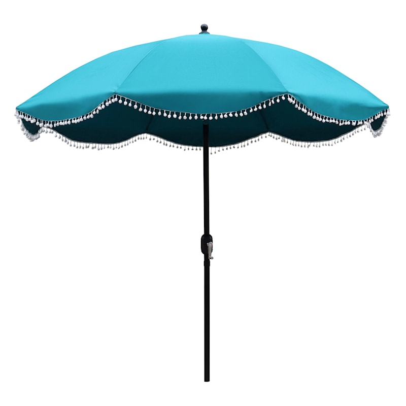 Teal Outdoor Crank & Tilt Umbrella with Pom Pom Fringe, 9'
