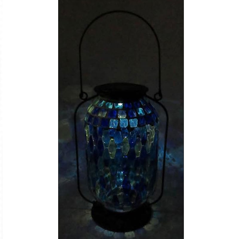 Blue Mosaic Glass Solar Lantern, 11"