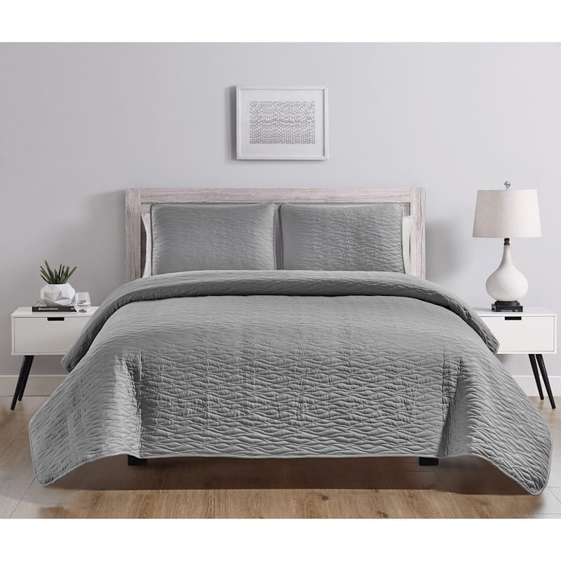 Wave Grey 3-Piece Stitch Quilt Set Full/Queen | At Home