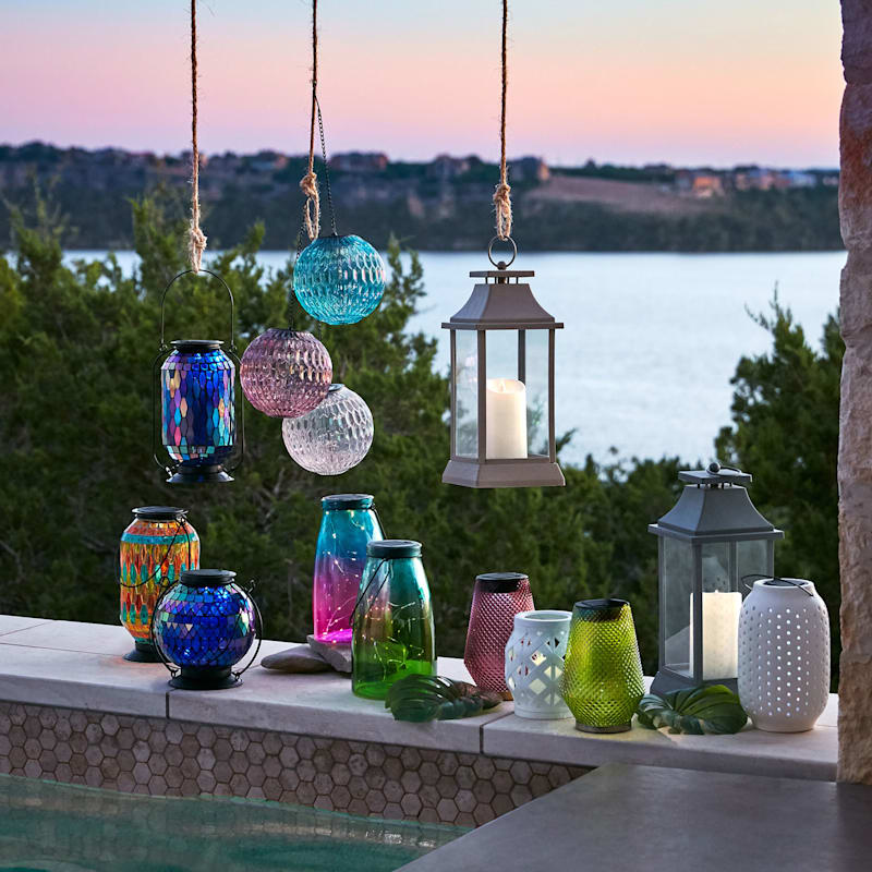 LED Purple Glass Hanging Solar Ball Lantern, 8"