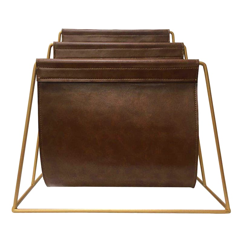 Golden Metal & Brown Faux Leather Magazine Holder