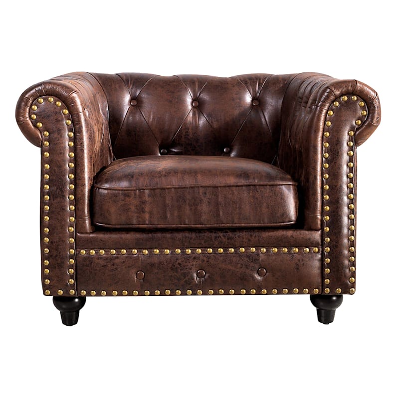 Faux Leather Rolled Arm Chair, Brown Faux Leather Chair And Ottoman