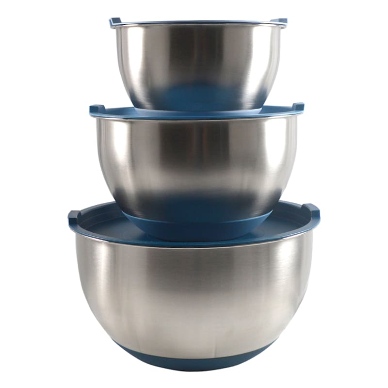 3-Piece Stainless Mixing Bowls with Lids & Non-Skid Base, Blue Sold by at Home