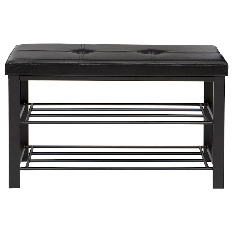 Black Faux Leather Bench with Shoe Rack Bottom
