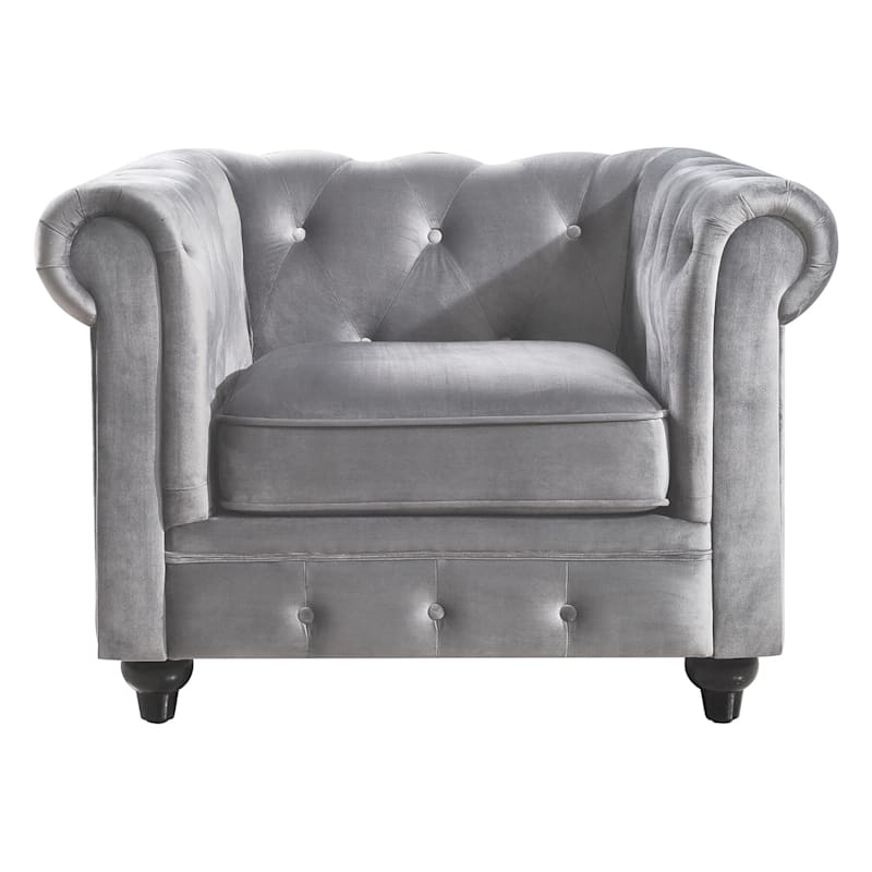 Chesterfield Tufted Grey Velvet Rolled Arm Chair