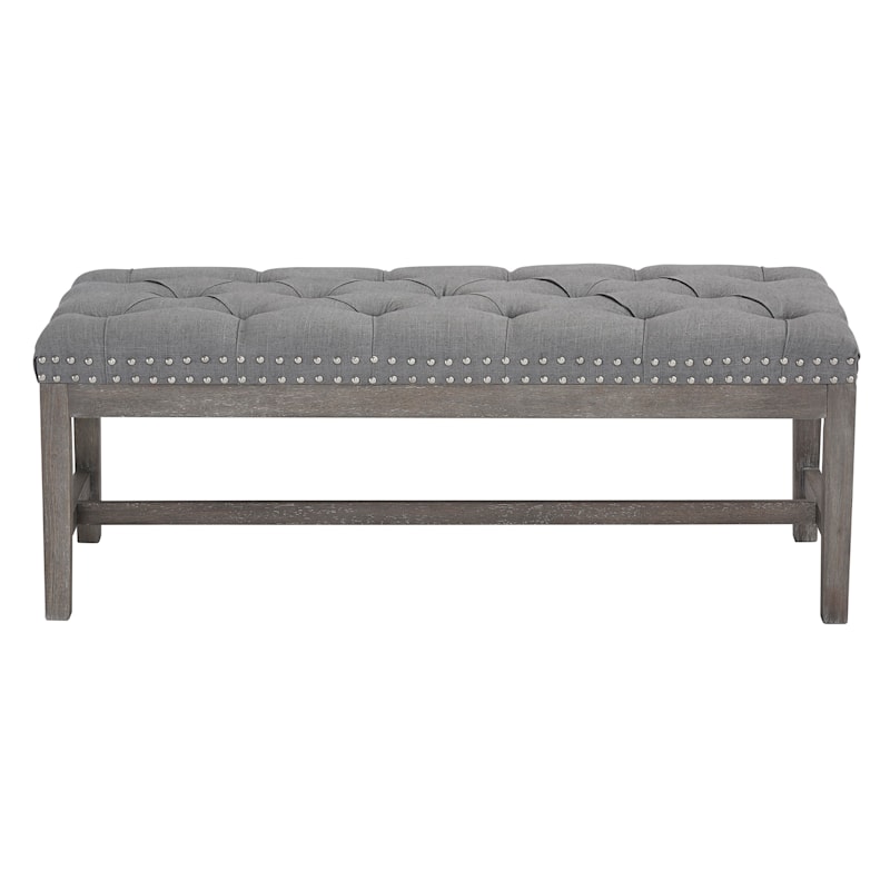 Ferdinand Tufted Tan Linen Wood Bench with Double Nailhead