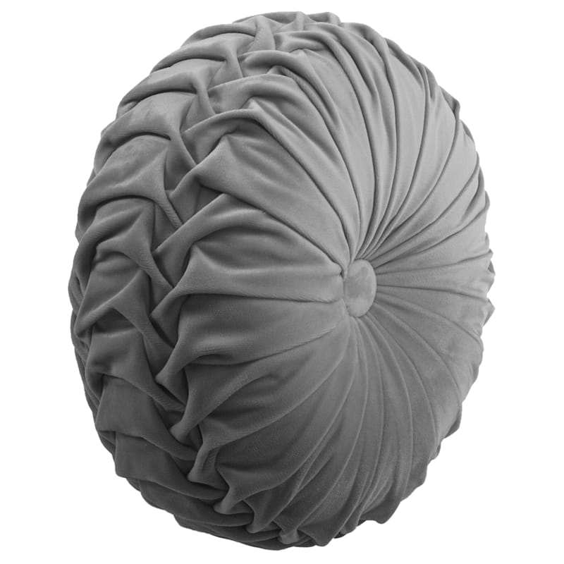 Holan Grey Pleated Velvet Round Pillow With Button 16in.