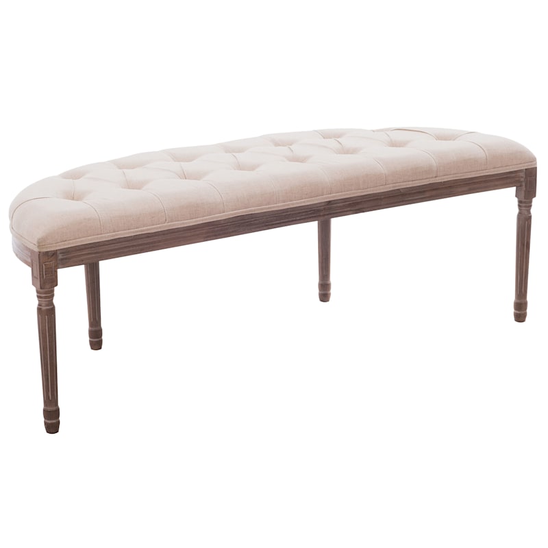 Lourdes Ivory Linen Tufted Curved Bench w/Distressed Wood Legs