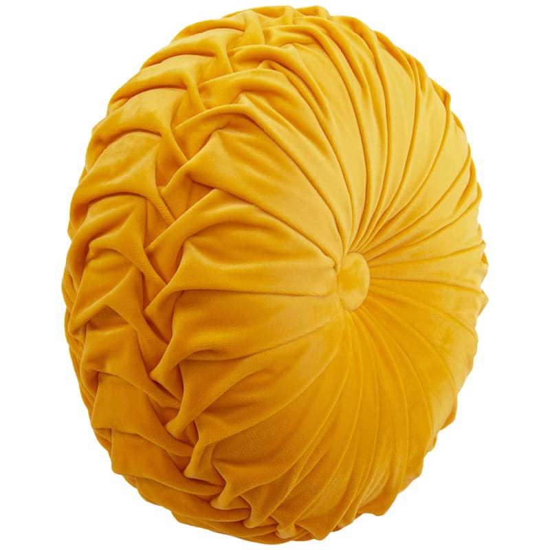 Holan Yellow Pleated Velvet Round Pillow With Button 16in.