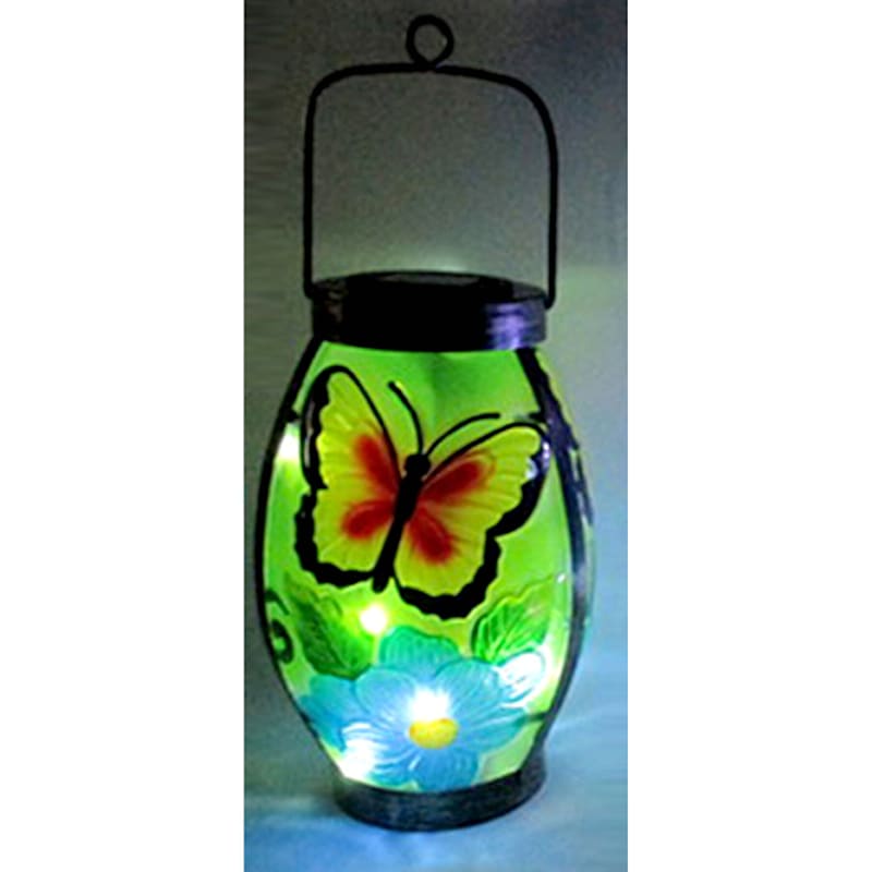 Butterfly & Flower Glass Solar Lantern with Metal Frame, 9.5"