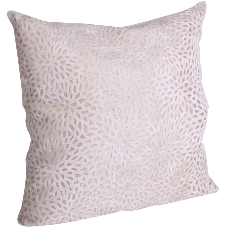 White Magnolia Patterned Velvet Throw Pillow, 20"