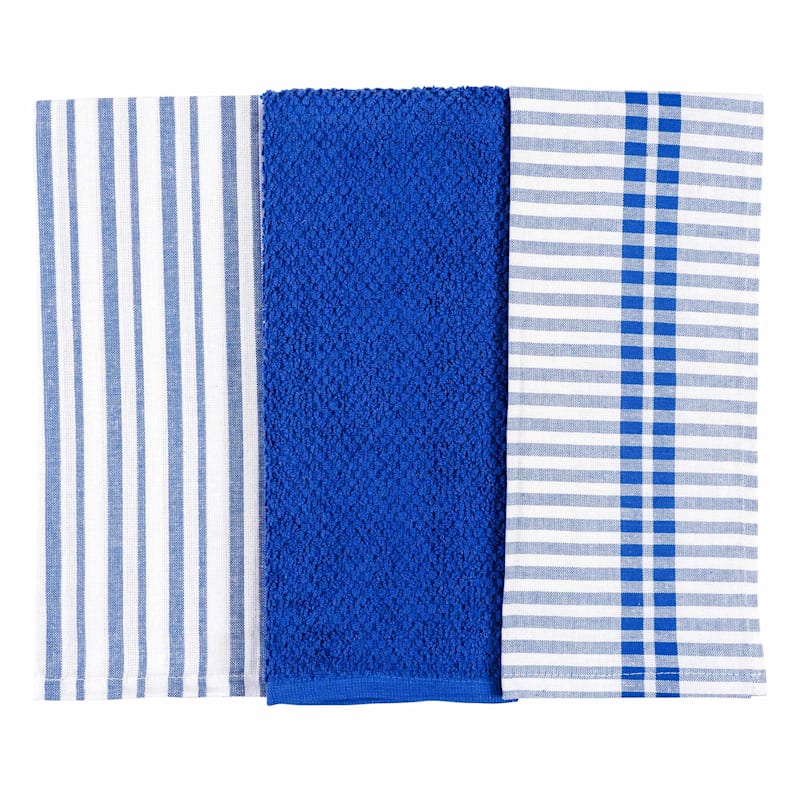at Home Set of 3 Mixed Blue Flat Terry Kitchen Towels