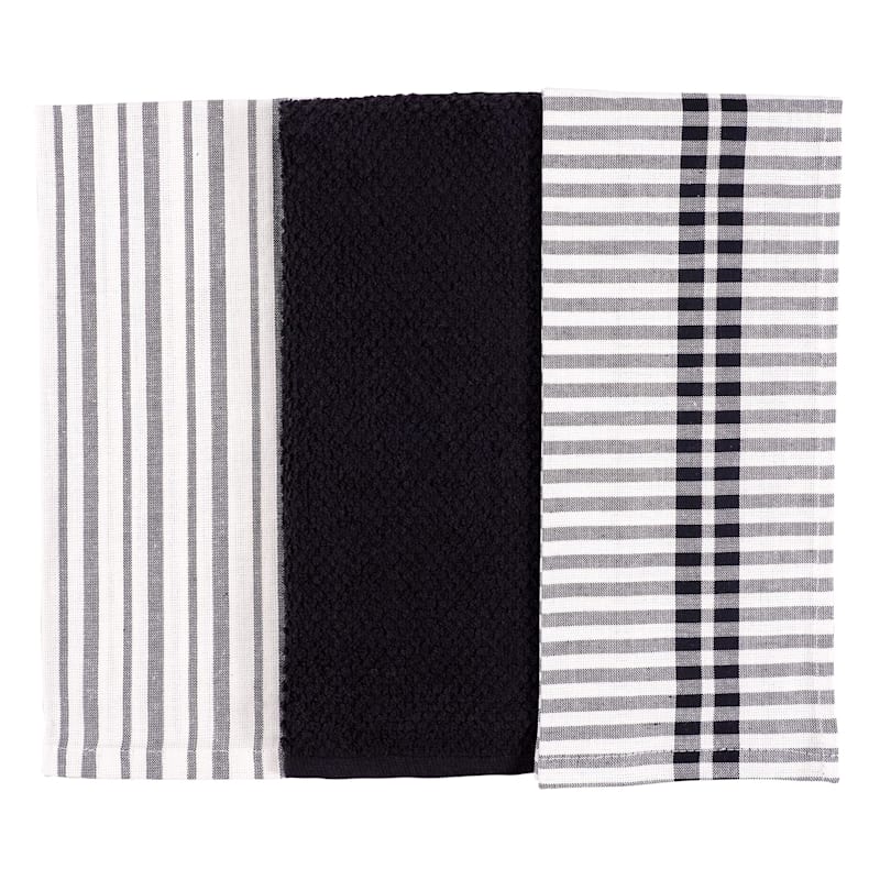 at Home Set of 3 Mixed Black Flat Terry Kitchen Towels